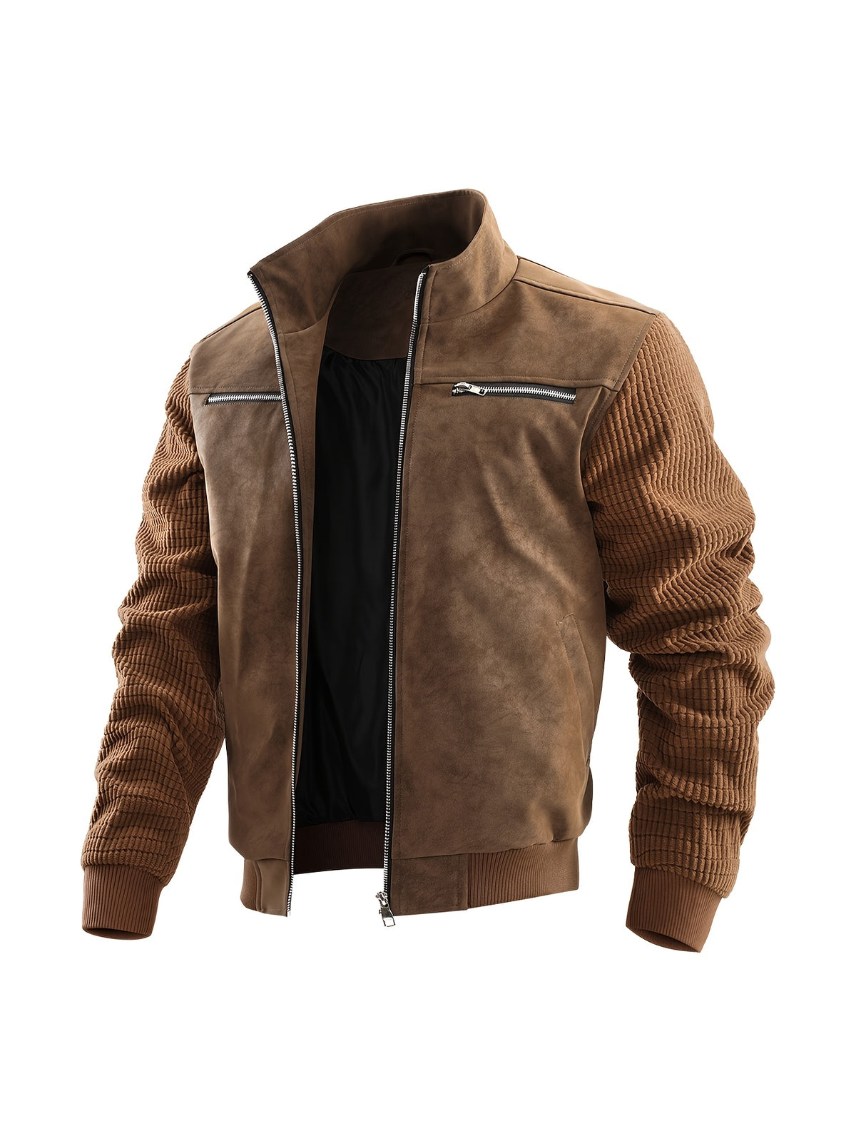 Men'S Stand-Up Collar Patchwork Jacket, Body with Waffle Texture Long Sleeves, Multi-Zipper Metal Pocket Design, Loose Short Style, Stiff Wrinkle-Resistant Fabric, Suitable for Daily Commute And Street Casual Wear, Retro American Style - Khaki