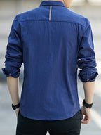 Men'S Casual Shirt, Spring/Autumn Style Linen-Like Collar Long Sleeve Versatile Solid Color Shirt, Minimalist Letter Print on Chest, Slim Fit Slimming Business Casual Top, Youth Daily Commute Versatile Men'S Clothing - Dark Blue