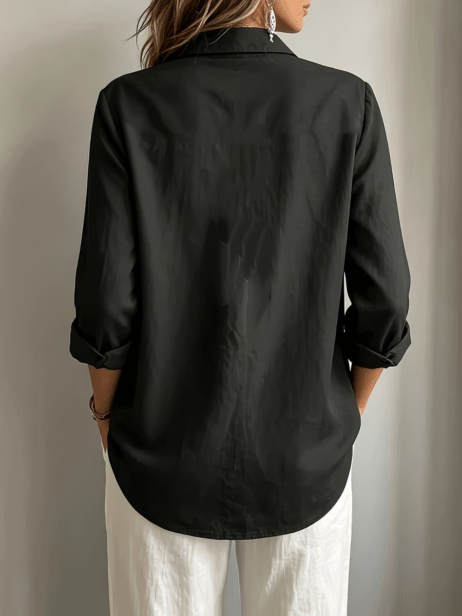 Women's Elegant Lapel Shirt, Loose Straight Fit with Long Sleeves, Lightweight, Comfortable, and Breathable Fabric, Versatile for Commuting and Casual Wear, Loose Straight Cut Flattering Design, Daily Comfortable and Relaxed Style - Black