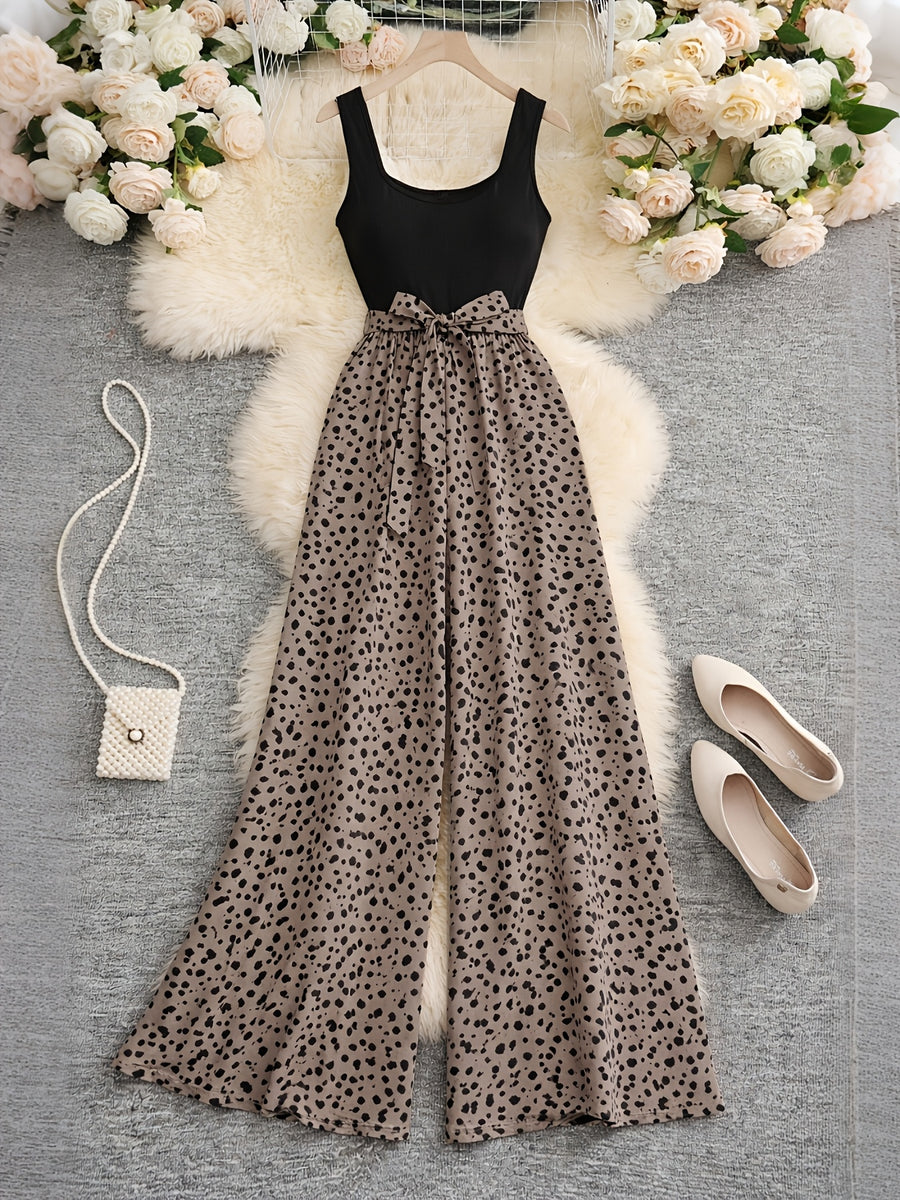 Women's Leopard Print Wide-Leg Jumpsuit, Sleeveless Vest-Style High-Waist Tie-Up Romper, Casual Loose-Fit Jumpsuit, Elegant Spotted Print 2026 Spring/Summer New 1pc Pantsuit - Khaki