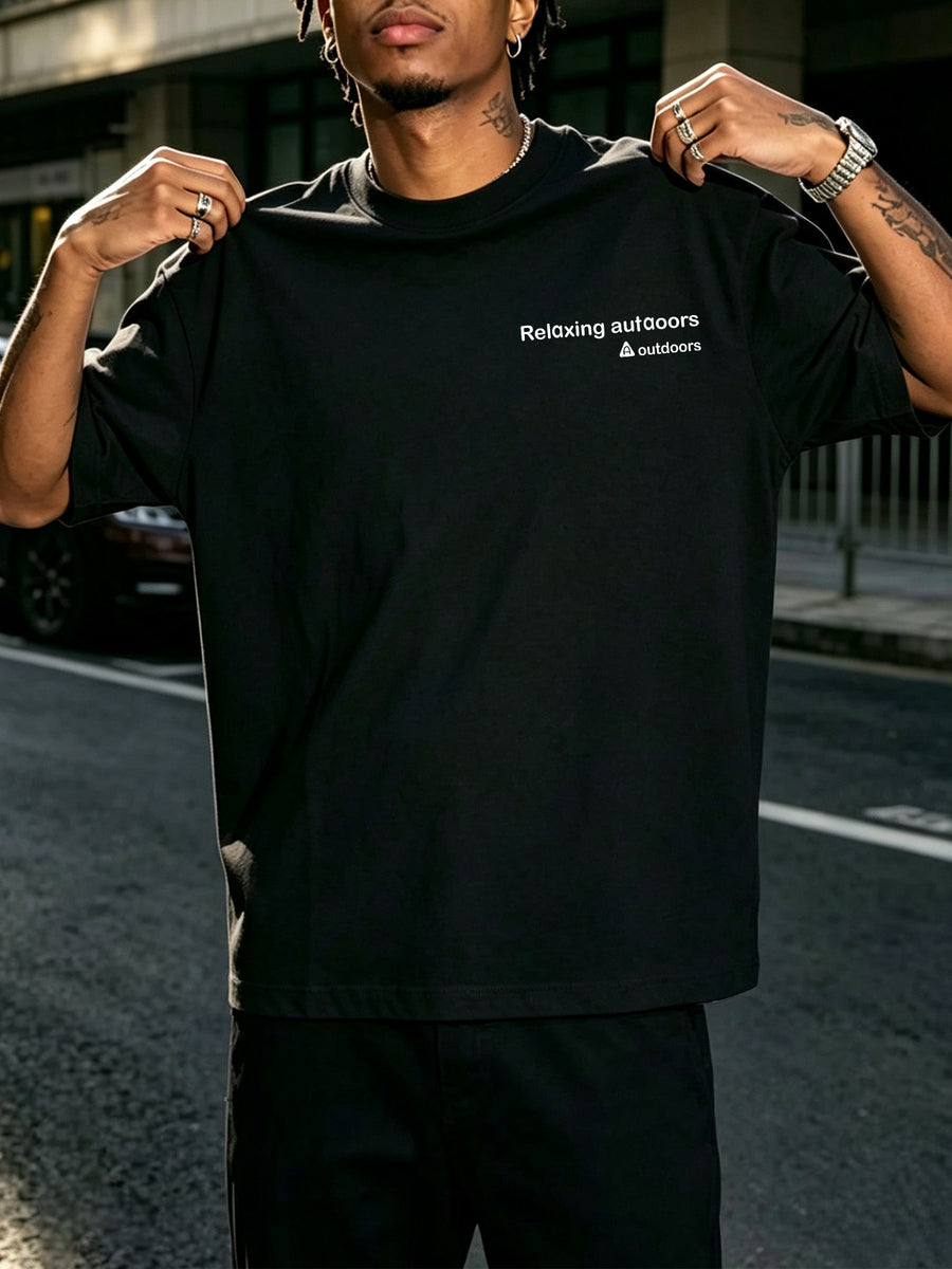 Men's Loose Fit T-Shirt with Minimalist Red Circular Back Print, Short Sleeve, 100% Pure Cotton, 240g Versatile Short Sleeve, Unique Pattern, Thick Fabric, Sweat-Absorbent and Breathable, Comfortable Inner Layer Casual Top, Daily Streetwear - Black