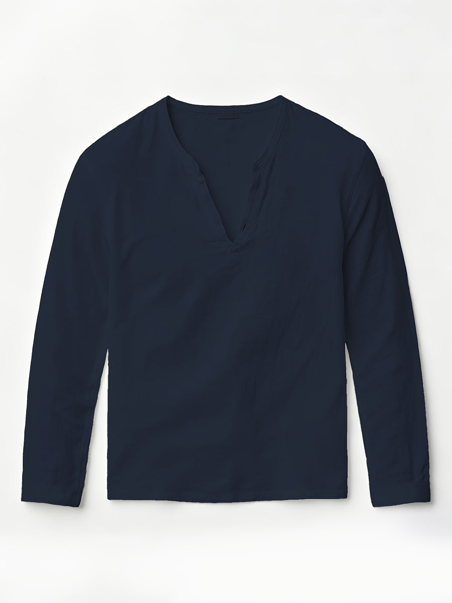 Henley Shirt Men'S Linen Long Sleeve Seasonal Lightweight Breathable V-Neck Loose Beach Vacation Casual Top - Navy Color