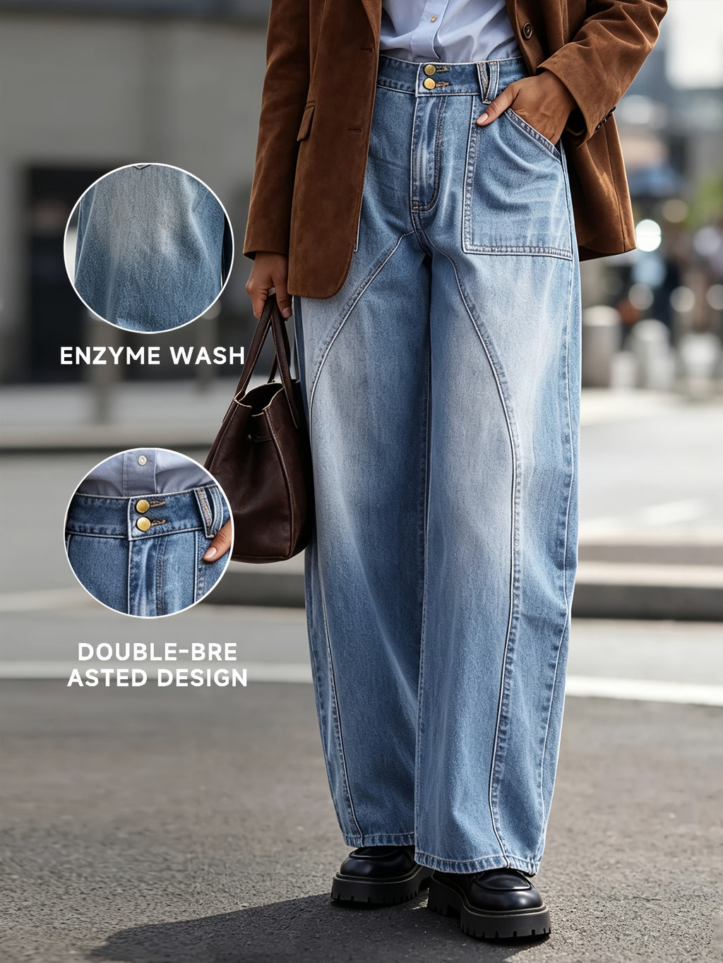 Women's High Waist Curved Seam Barrel Jeans Retro Washed Patch Pocket Wide Leg Denim Pants Casual Daily Outdoor Loose Baggy Workwear Trousers - Blue