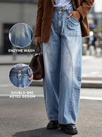 Women's High Waist Curved Seam Barrel Jeans Retro Washed Patch Pocket Wide Leg Denim Pants Casual Daily Outdoor Loose Baggy Workwear Trousers - Blue