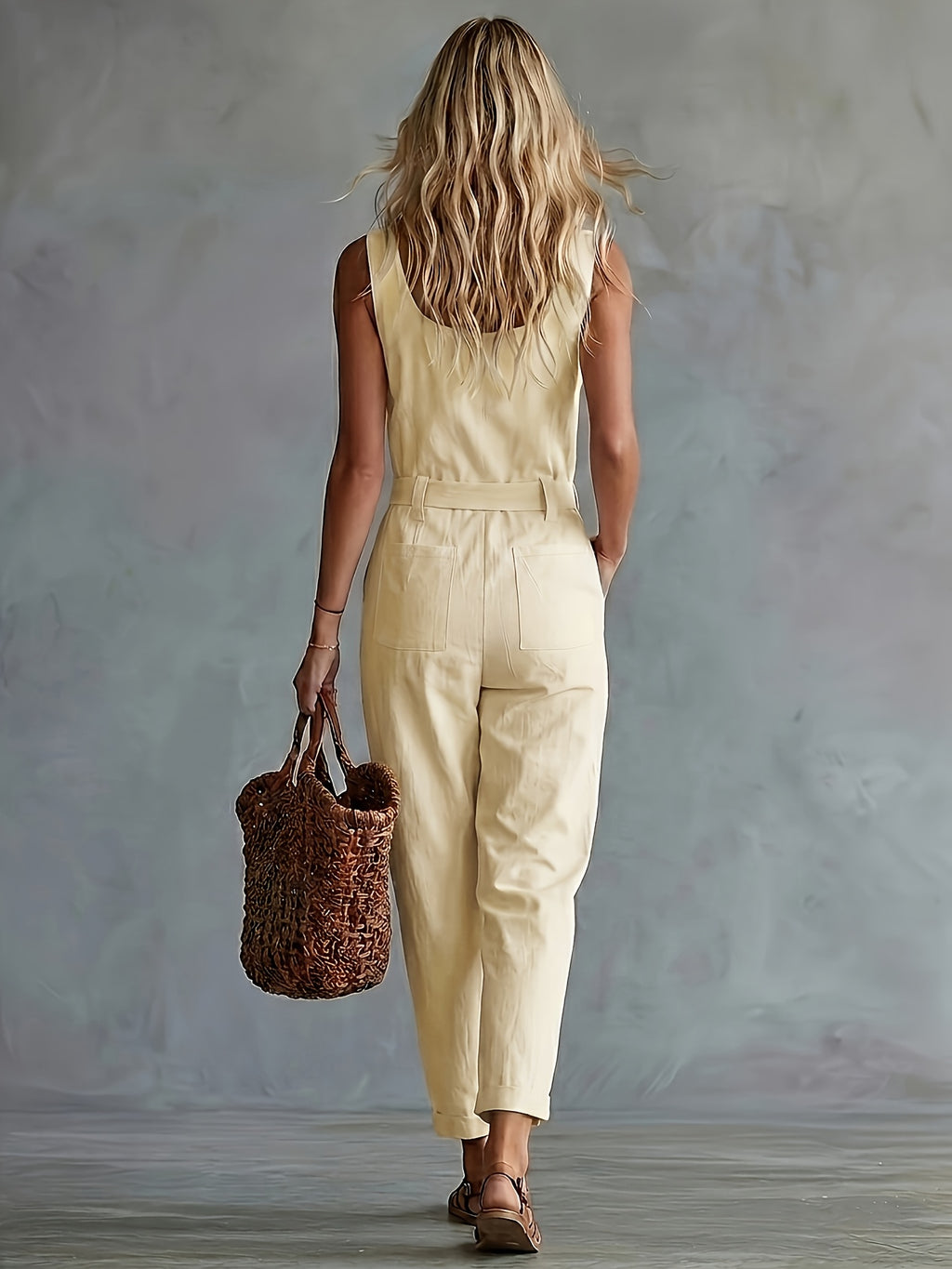 Women'S Retro Western Style Comfortable Loose Fit, Pocket Decor Sleeveless Jumpsuit, Suitable for Spring/Summer Outings And Parties, Easy Elegant Wear - Yellow