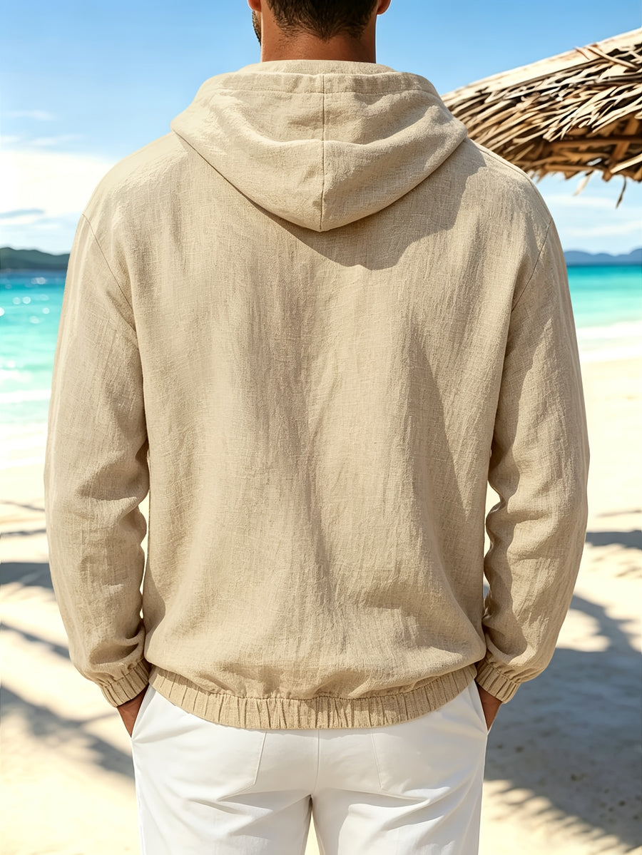 Men'S Spring Autumn New Thin Solid Linen Lightweight Hooded Sweatshirt Casual Commute Outing Fitness Party Street Fashion Athletic Casual Large Pocket Long Sleeve Hooded Top - Khaki