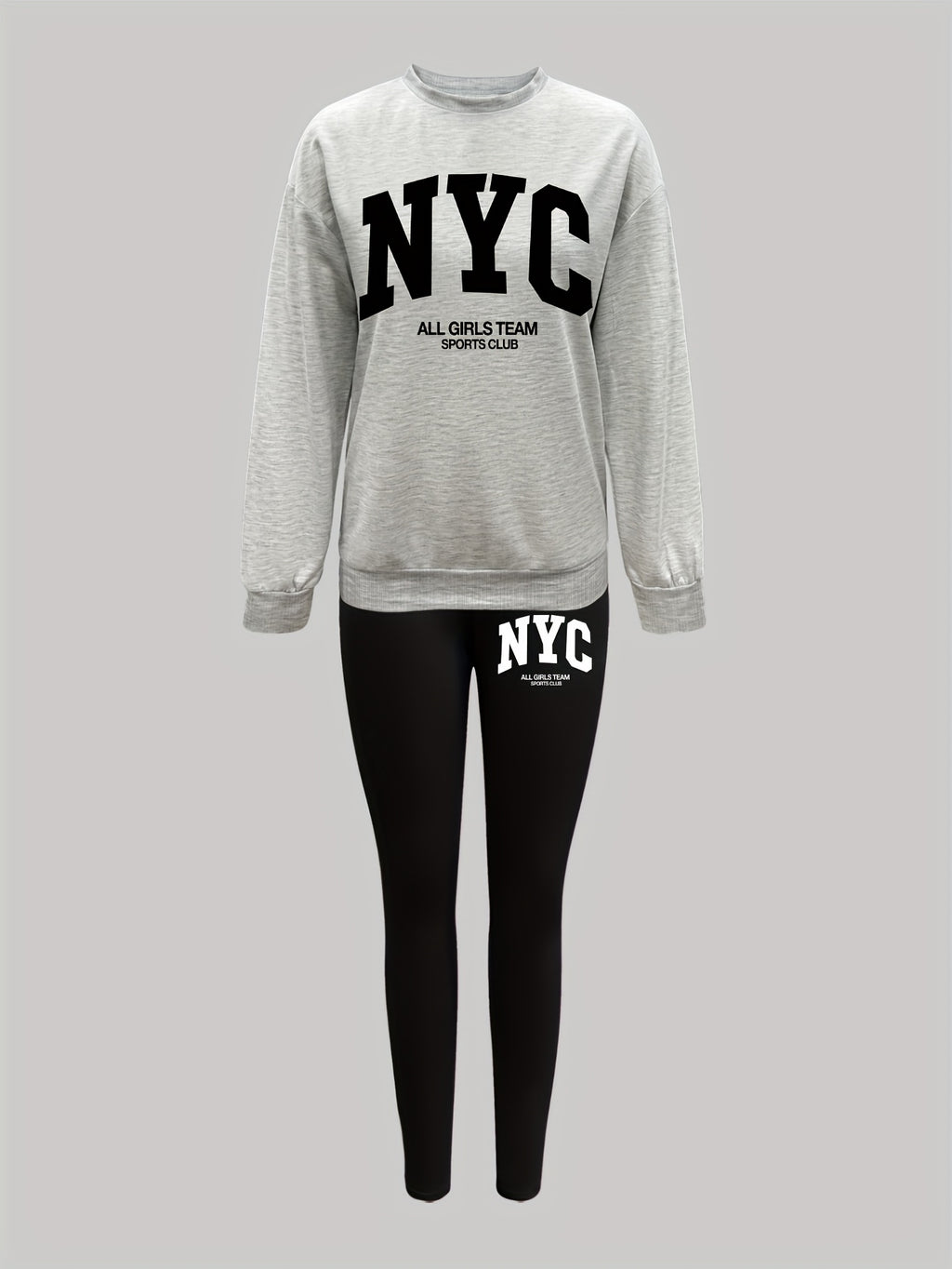 1014Gwen, 1 Set of Casual Women's Sweatshirt Set, 2pcs, Letter Print, Round Neck Long Sleeve Sweatshirt, Long Leggings, Can Be Worn Alone or as a Layering Piece, Suitable for Autumn and Winter, Women's Clothing - Grey+Black