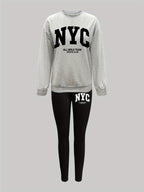 1014Gwen, 1 Set of Casual Women's Sweatshirt Set, 2pcs, Letter Print, Round Neck Long Sleeve Sweatshirt, Long Leggings, Can Be Worn Alone or as a Layering Piece, Suitable for Autumn and Winter, Women's Clothing - Grey+Black