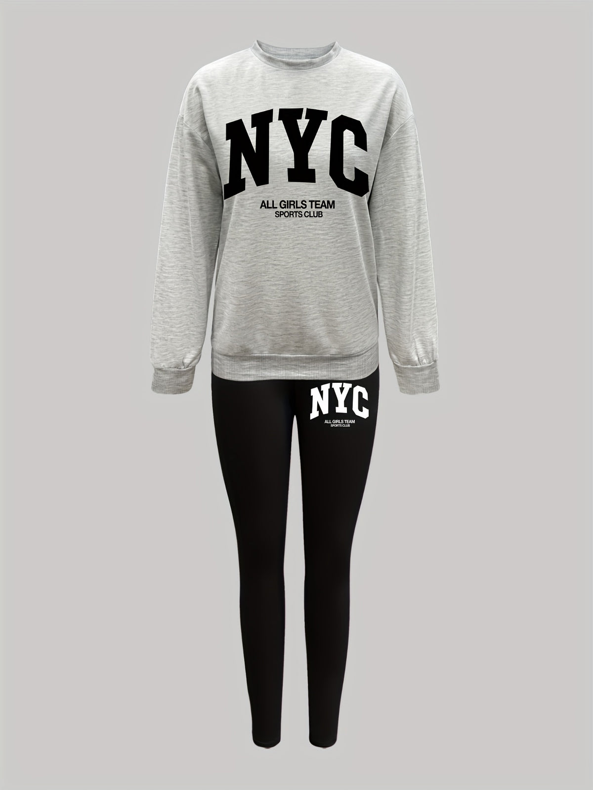 1014Gwen, 1 Set of Casual Women's Sweatshirt Set, 2pcs, Letter Print, Round Neck Long Sleeve Sweatshirt, Long Leggings, Can Be Worn Alone or as a Layering Piece, Suitable for Autumn and Winter, Women's Clothing - Grey+Black