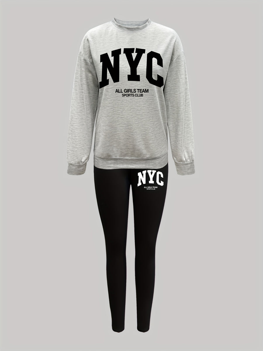 1014Gwen, 1 Set of Casual Women's Sweatshirt Set, 2pcs, Letter Print, Round Neck Long Sleeve Sweatshirt, Long Leggings, Can Be Worn Alone or as a Layering Piece, Suitable for Autumn and Winter, Women's Clothing - Grey+Black