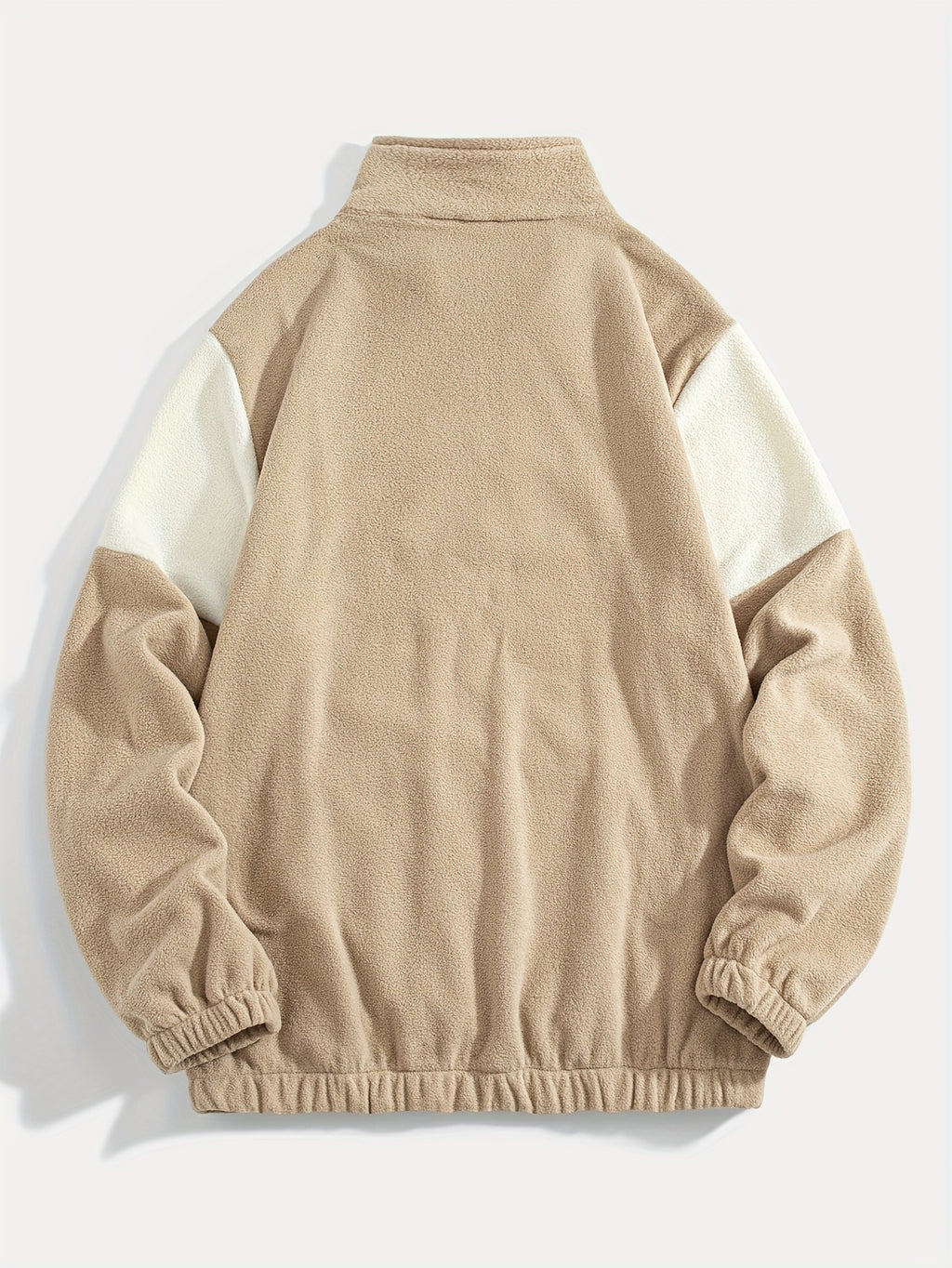 Fleece Color-Blocked Spliced Letter Embroidered Zip-Up Sweatshirt, Men'S Mid-High Collar Half-Zip Pullover Warm Outerwear, Men'S Casual Sportswear with a Trendy Street And Collegiate Style, Suitable for Daily Wear And Casual Outdoor Activities - Khaki
