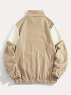 Fleece Color-Blocked Spliced Letter Embroidered Zip-Up Sweatshirt, Men'S Mid-High Collar Half-Zip Pullover Warm Outerwear, Men'S Casual Sportswear with a Trendy Street And Collegiate Style, Suitable for Daily Wear And Casual Outdoor Activities - Khaki