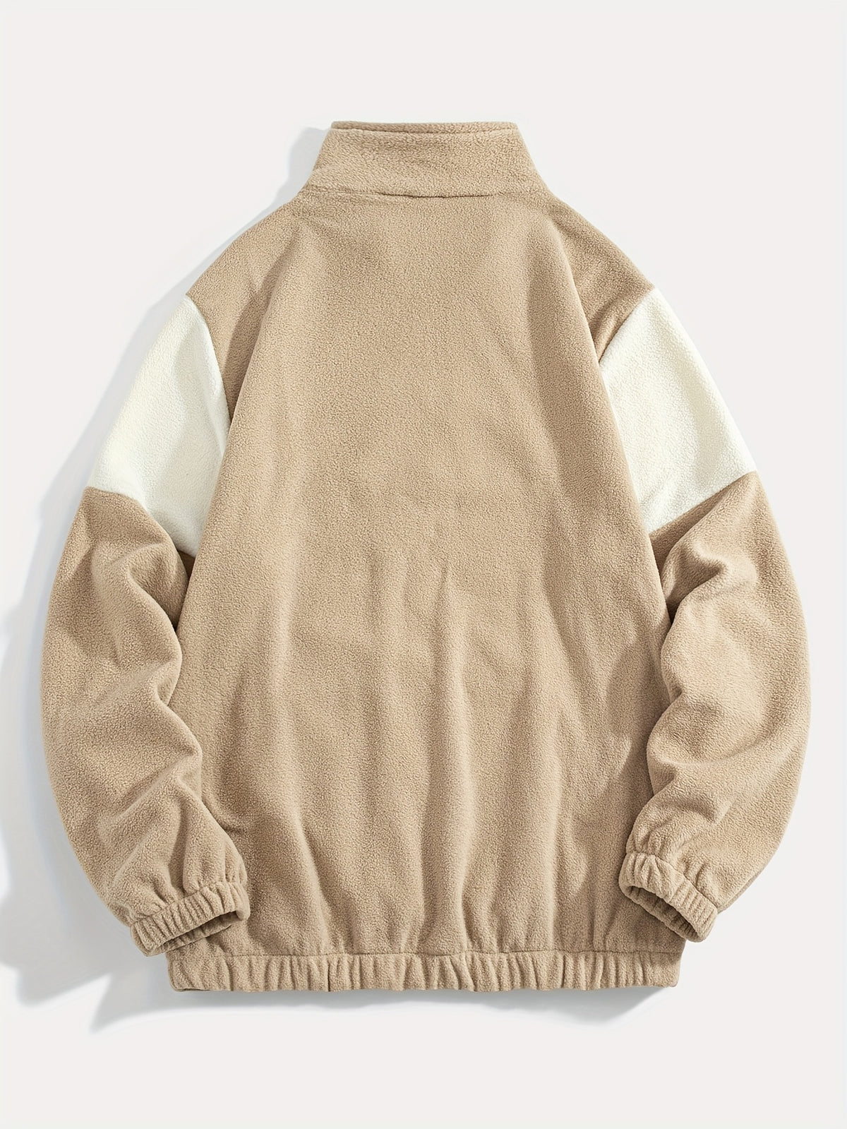 Fleece Color-Blocked Spliced Letter Embroidered Zip-Up Sweatshirt, Men'S Mid-High Collar Half-Zip Pullover Warm Outerwear, Men'S Casual Sportswear with a Trendy Street And Collegiate Style, Suitable for Daily Wear And Casual Outdoor Activities - Khaki