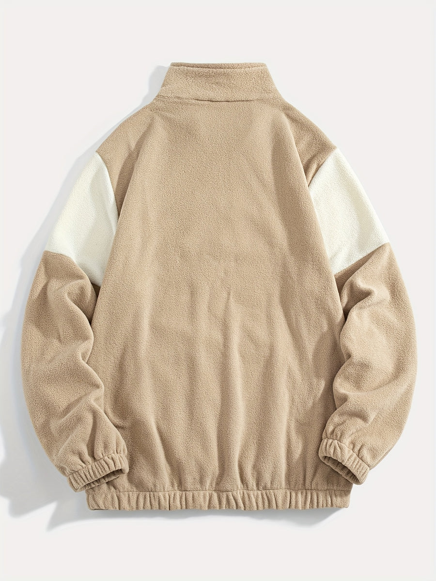 Fleece Color-Blocked Spliced Letter Embroidered Zip-Up Sweatshirt, Men'S Mid-High Collar Half-Zip Pullover Warm Outerwear, Men'S Casual Sportswear with a Trendy Street And Collegiate Style, Suitable for Daily Wear And Casual Outdoor Activities - Khaki