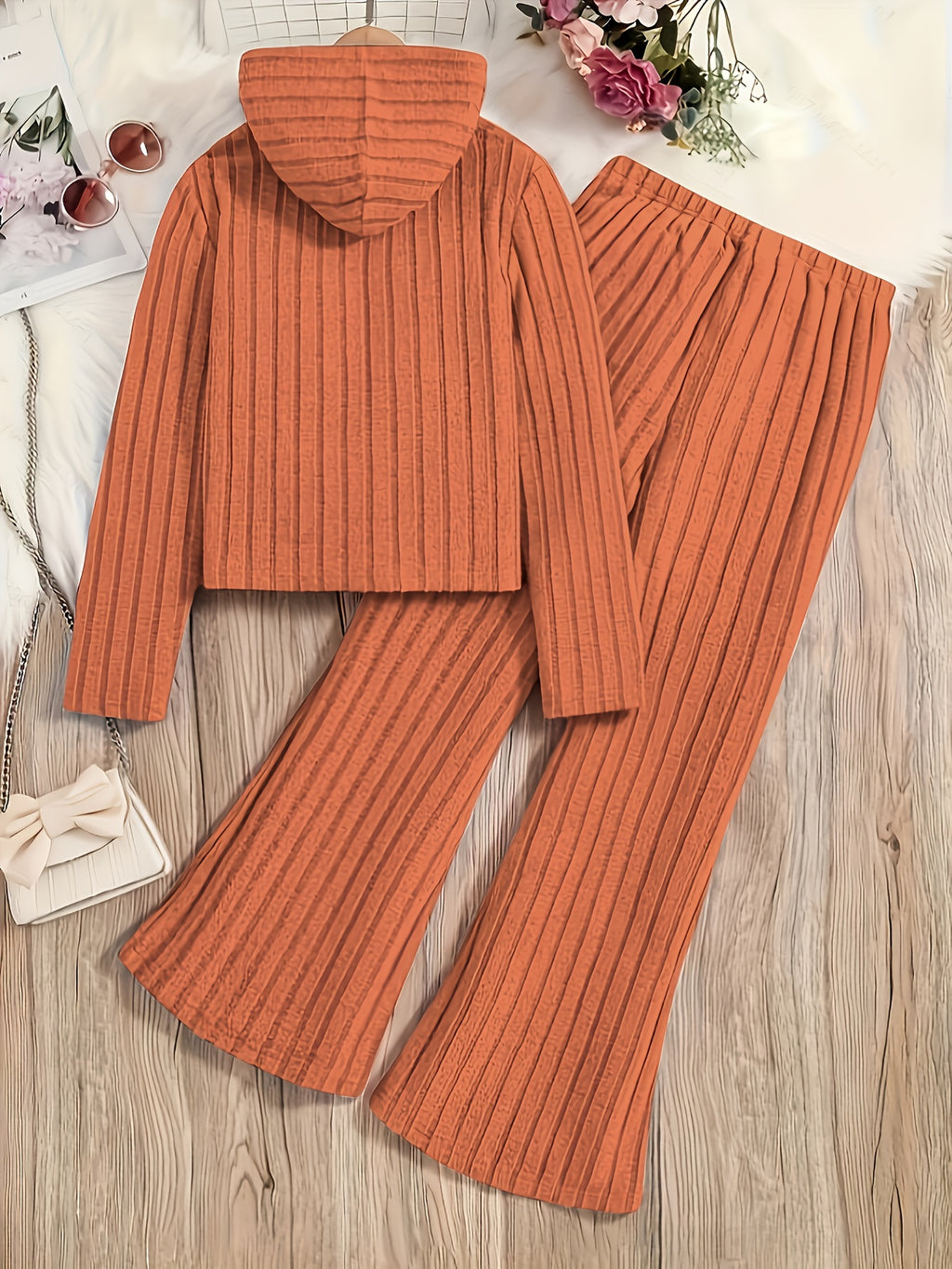 A Set of Women's Rib- Cable- Letter-appliqué Hoodie and Flared Pants - Coral