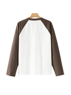 Huairui 100% Pure Color-Block Raglan Long Sleeve T-Shirt for Men, Crew Neck, Color Spliced, Casual, Versatile Base Layer for Spring and Autumn - Coffee Color