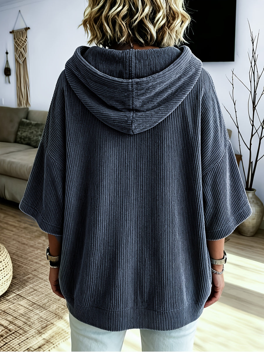 Plus Size, Women's Plus Size Corduroy Casual Drawstring Hooded Sweatshirt Top, Classic Versatile Hooded Top Elegant Women's Jacket, Loose Fit Comfortable Sweatshirt Jacket, Suitable for Commuting and Casual Wear - Space Gray
