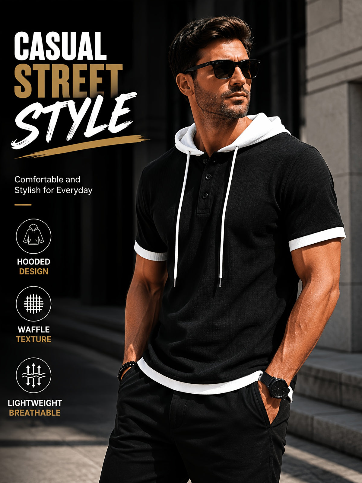 [Qiaoximei Obm] Summer Men'S High-Quality Waffle-Gore Hooded Short Sleeve T-Shirt - Individual Fashion Statement with Special Design Texture Fabric, Adjustable Drawstring And Buttons, Suitable for Gym Fitness Wear - Black