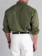Spring And Autumn American Style Lapel Work Shirt, Preppy Easy Long Sleeve with Double Pockets, Casual Shirt for Daily Business Commute - Olive Green Color