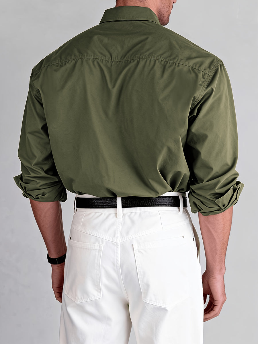 Spring And Autumn American Style Lapel Work Shirt, Preppy Easy Long Sleeve with Double Pockets, Casual Shirt for Daily Business Commute - Olive Green Color