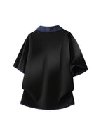 Men'S Summer Lapel Built-In Faux Two-Piece V-Neck, Cuffed Sleeves, Unisex Off-Shoulder Loose Curved Hem Drapey Short Sleeve T-Shirt - Dark Gray