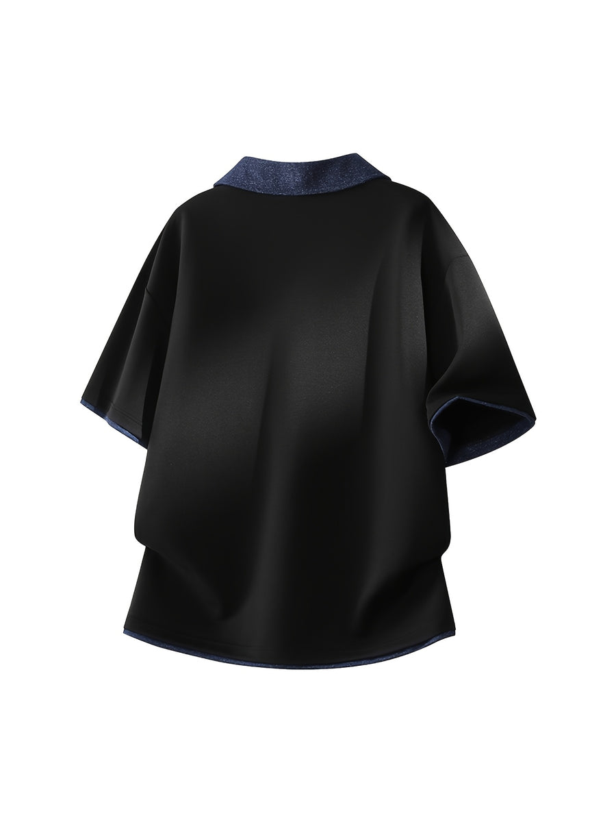 Men'S Summer Lapel Built-In Faux Two-Piece V-Neck, Cuffed Sleeves, Unisex Off-Shoulder Loose Curved Hem Drapey Short Sleeve T-Shirt - Dark Gray