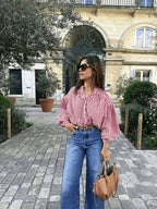 Fresh Plaid V-Neck Loose Fit Commuter Long Sleeve Shirt with Contrast Color Plaid and Front Buttons - Red