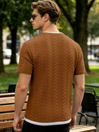 Summer Vintage Vertical Stripe Twisted Cable Embossed Men's Short Sleeve Double-Layer 2-in-1 Look Layered Design Henley Collar T-Shirt, Breathable Textured Versatile Top for Daily Commuting - Light Brown-1