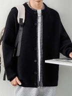 [Wading Whale OBM] 1pc Autumn Winter New Men'S Knit Cardigan, Old Money Style Textured Contrast Round Neck Single Button Front Long Sleeve Sweater Vest Top, Men'S Casual Fashion, Suitable for Spring, Autumn, Winter Wear, Fits Daily Commute - Black