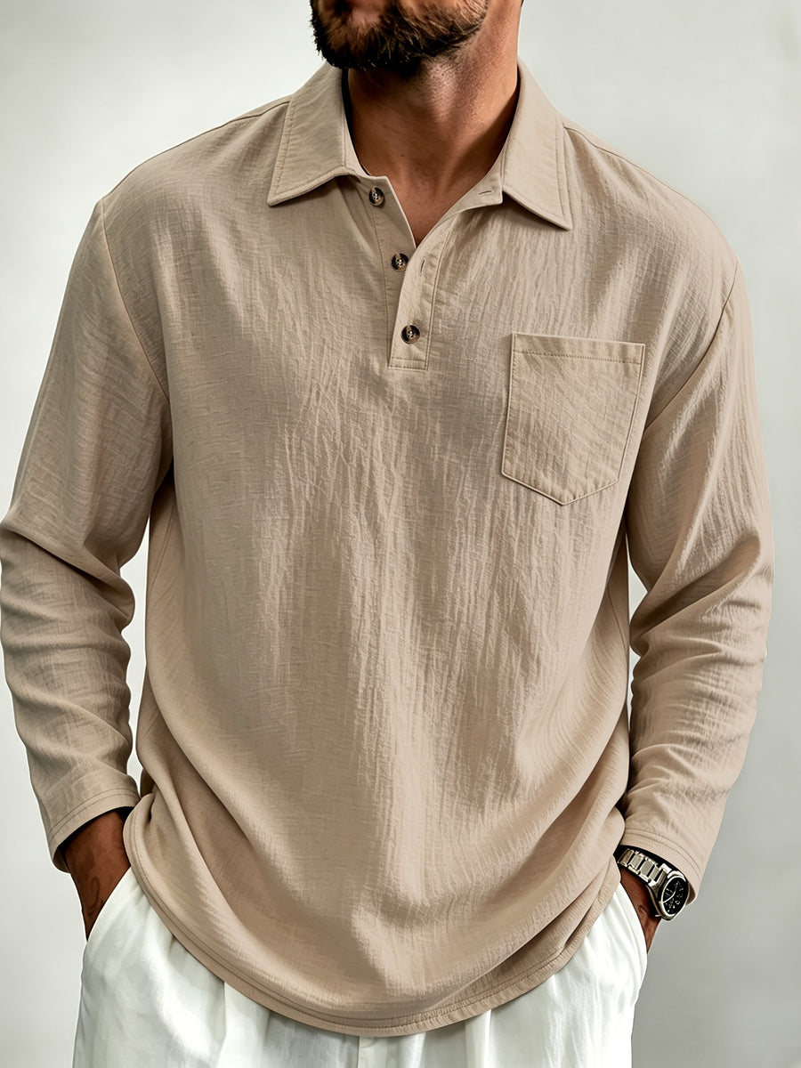 Men's Linen Long Sleeve Polo Shirt, Henley Button Placket Collared Top with Chest Pocket, Lightweight Breathable Casual Shirt for Daily Beach Vacation Wea - Khaki