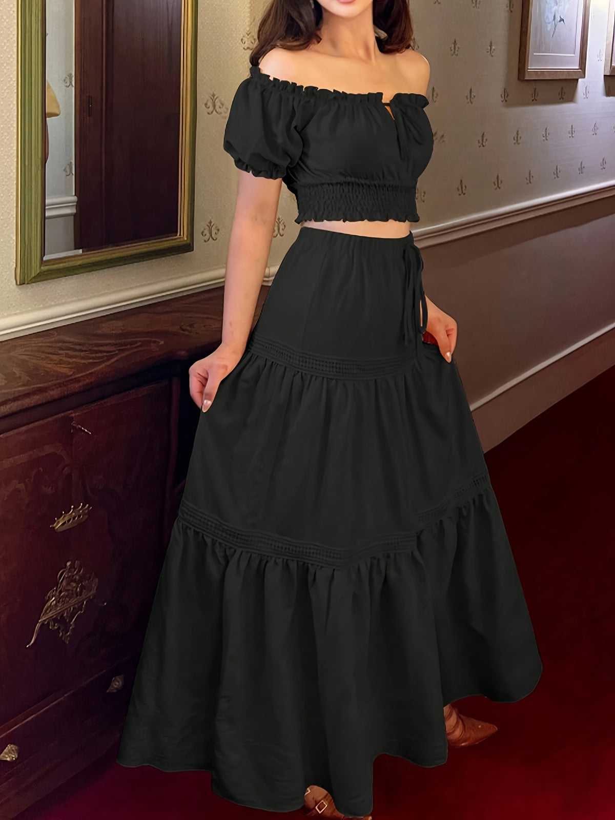 New Women's Fashionable Simple and Elegant Casual Daily Outfit, Suitable for Outings, Solid Color Off-the-Shoulder Short Sleeve Top with Bow Tie Lacing and Flared Hem Skirt 2pcs Set - Black