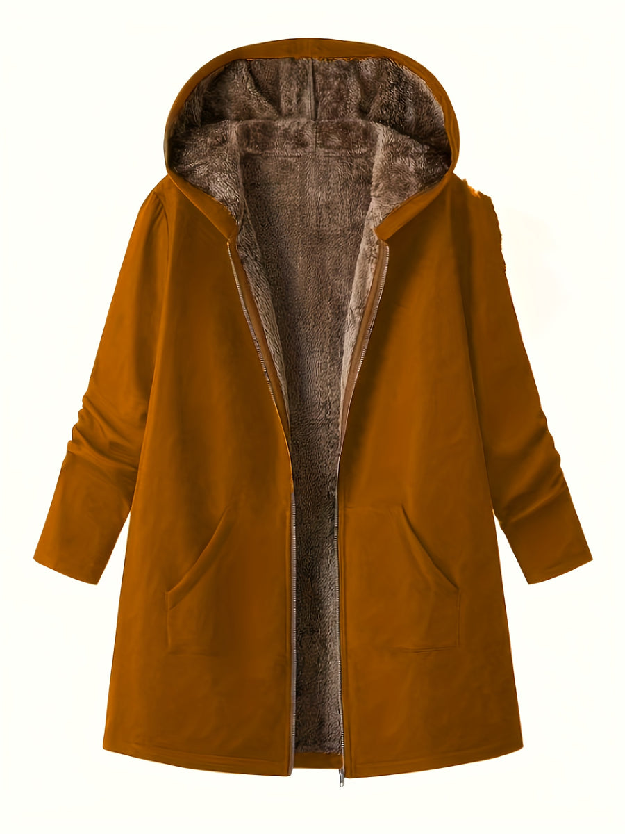 Solid Color Thermal Lined Hooded Jacket for Autumn/Winter Warmth and Casual Wear - Bronze