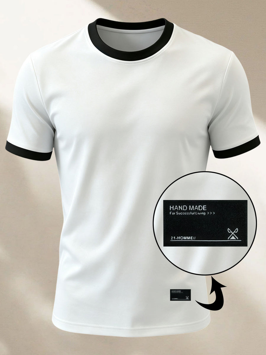 100% Cotton Men's Knitted Color-Block Crew Neck Patched T-Shirt, Summer All-Season Base Layer, Factory-Made for Men, Comfortable, High Quality, High Fit Rate, Casual Sportswear with Contrast Hem and Patch Appliqué - White and Black ZZ021