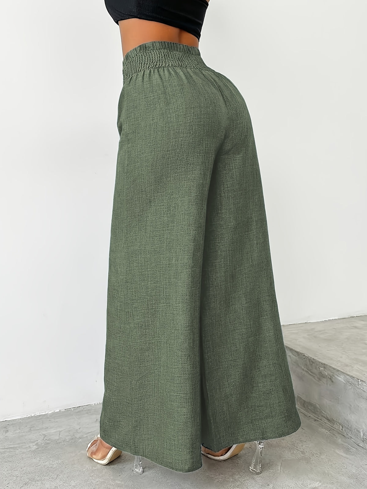 【imitation denim】[Printed Pants - Not Faux Denim Fabric]Women'S Elegant And Fashionable Faux Denim Waist Metal Buckle Elastic Waist Wide-Leg Pants, Solid Color Casual Comfortable Commuting Street Vacation Slightly Loose Straight-Leg Pants - Olive Green