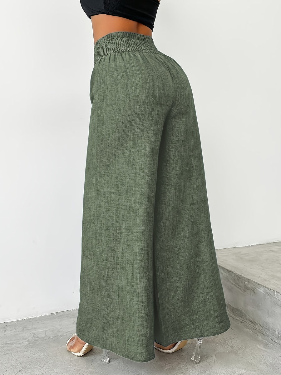 【imitation denim】[Printed Pants - Not Faux Denim Fabric]Women'S Elegant And Fashionable Faux Denim Waist Metal Buckle Elastic Waist Wide-Leg Pants, Solid Color Casual Comfortable Commuting Street Vacation Slightly Loose Straight-Leg Pants - Olive Green