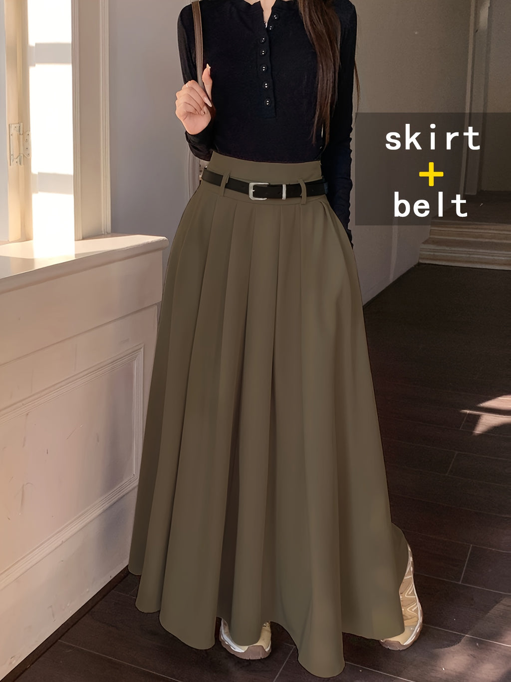 Fashionable, Elegant, and Graceful Pleated Midi/maxi Skirt for Workplace, Daily Wear, Commuting, and Office Use. Simple, Form-fitting Design Suitable for Spring and Autumn - Army Green