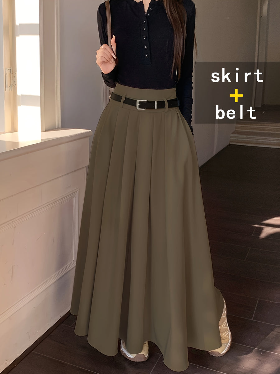 Fashionable, Elegant, and Graceful Pleated Midi/maxi Skirt for Workplace, Daily Wear, Commuting, and Office Use. Simple, Form-fitting Design Suitable for Spring and Autumn - Army Green