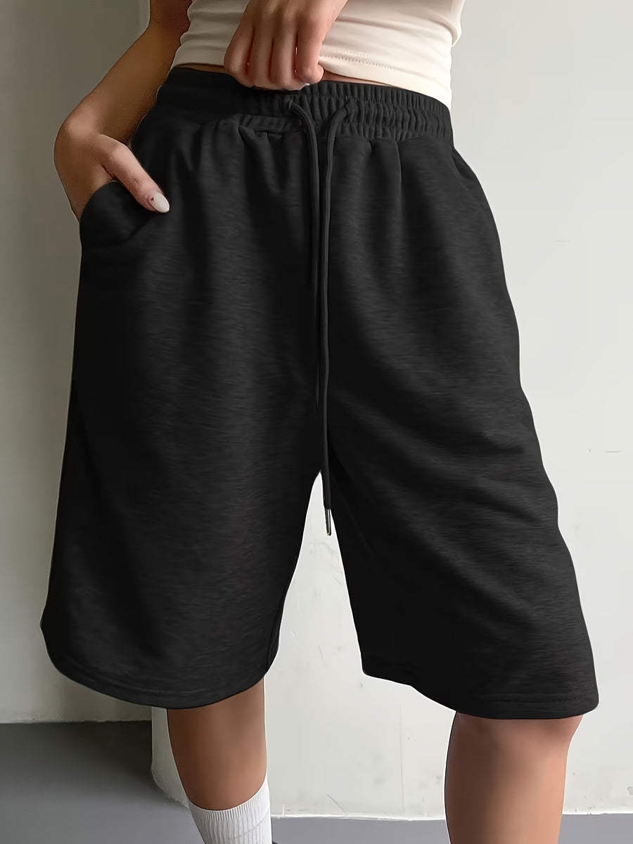 Women'S Elastic Waist Drawstring Tie Loose Bermuda Shorts, Casual Street Style, Women'S Summer - Black