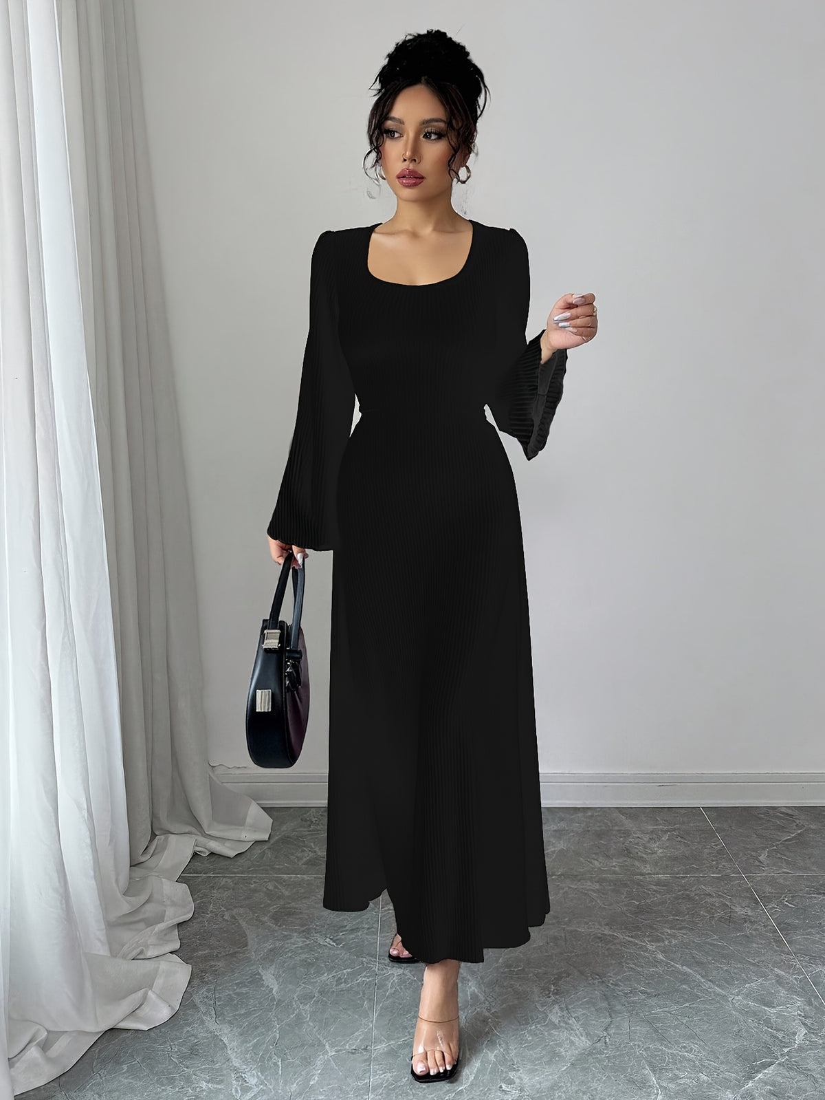 Women'S Solid Ribbed Flared Sleeve Back Tie Traditional Long Dress Elegant Long Dress - Black