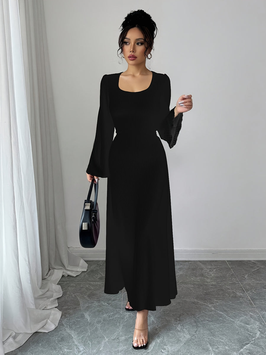 Women'S Solid Ribbed Flared Sleeve Back Tie Traditional Long Dress Elegant Long Dress - Black