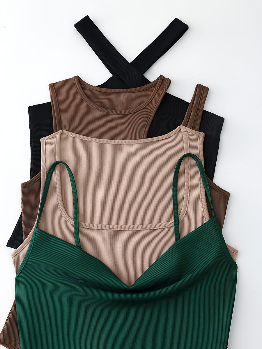 Autumn/Winter Women's 4pcs Sleeveless Square Neck Vest-Style Camisole Base Layer Set, Irregular Neckline Cross-Back Fitted Bodysuit in Various Styles - Mixed colors