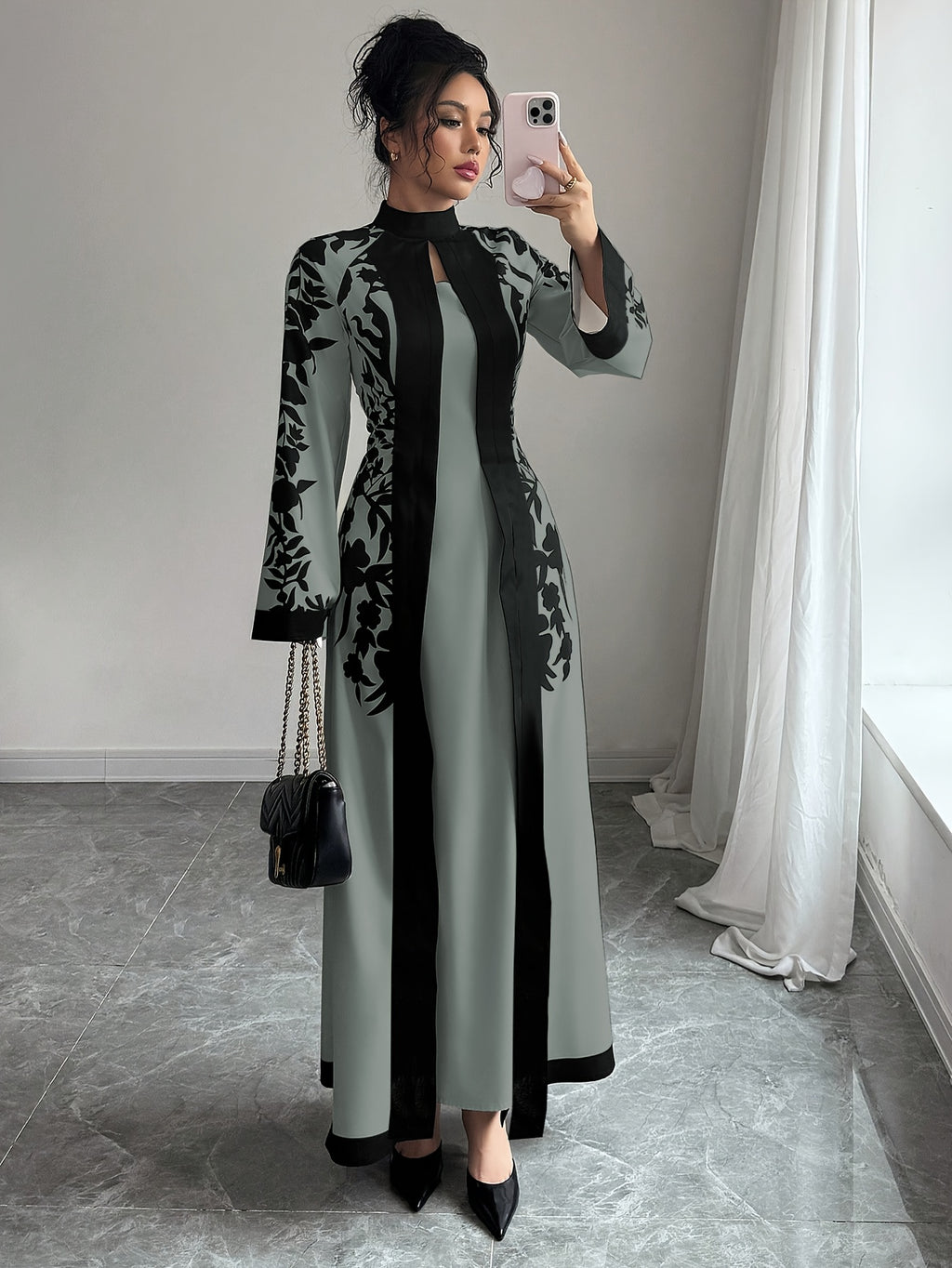 Fashionable Elegant Faux Two-Piece Fall/Winter New Floral Print Long Sleeve Maxi Dress - Grey