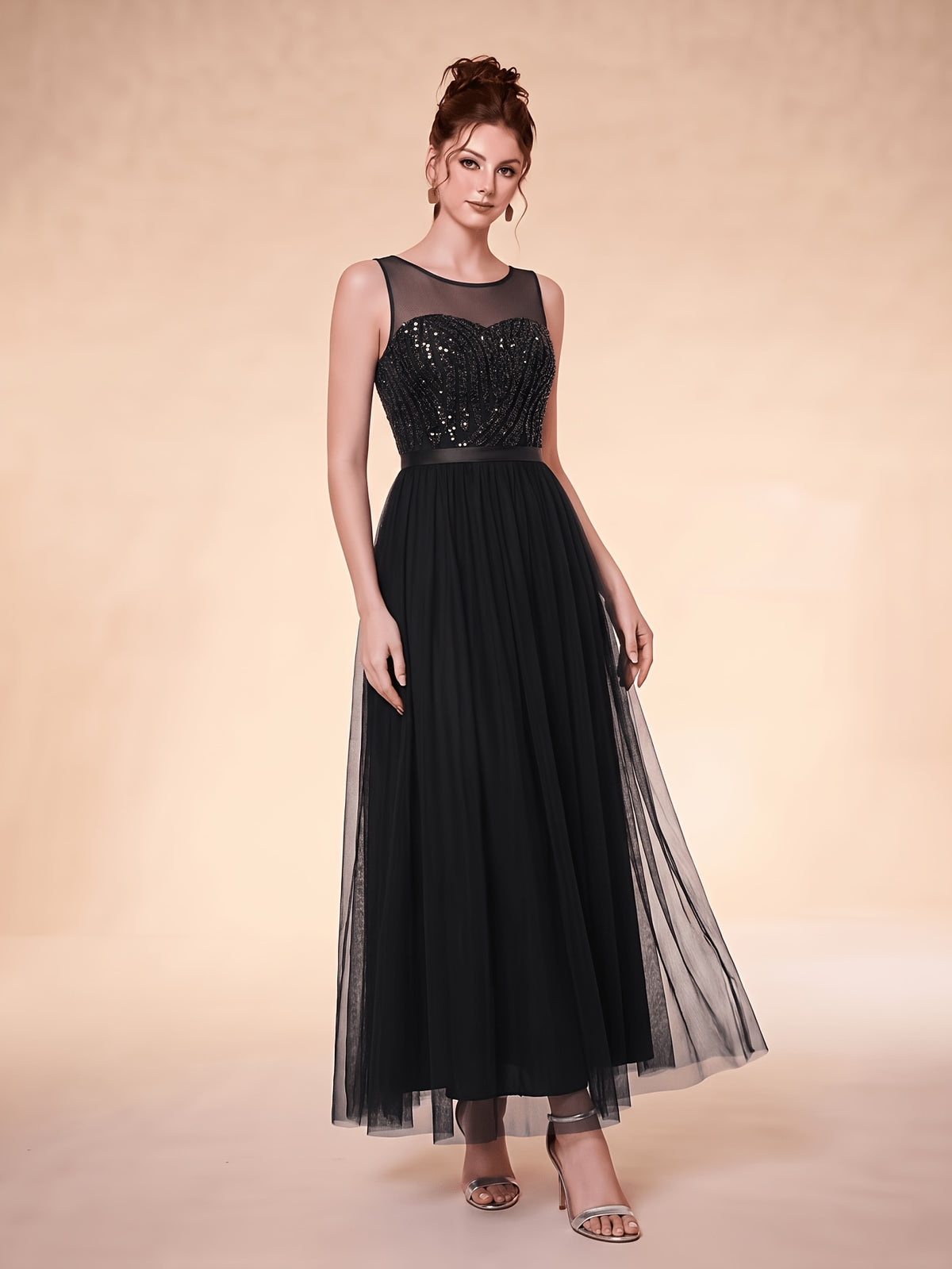 VVGRS010 Women's Sleeveless Sequined Long Gown, A-Line Floor-Length Evening Dress, Elegant for Wedding Guests/Bridesmaids/Prom/Cocktail Parties/Formal Occasions - Black
