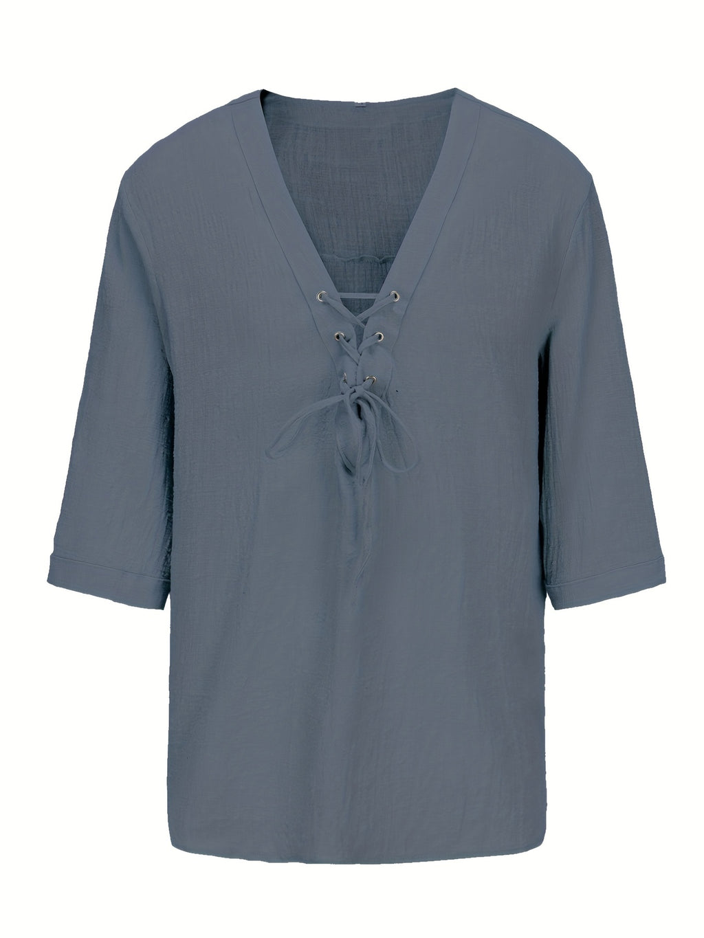 Men's Summer Casual V-Neck Breathable Short-Sleeve Fashion Drawstring Solid Color T-Shirt with Wrinkle Fabric - Gray Basket