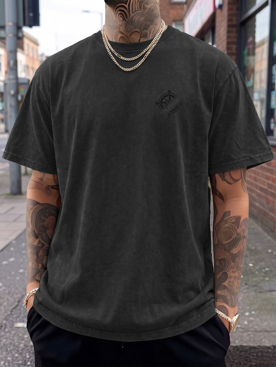 Short Sleeve T-Shirt, Half-Sleeve Top, Pure Cotton Washed Distressed Loose Fit, Compass Print, Multiple Colors for Mix and Match, American Streetwear, Chinese National Trend, High Street, Hip-Hop, Y2K Style, Daily Streetwear, Sports - Black