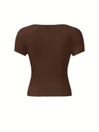 4pcs Set U-Neck Short-Sleeved T-Shirt Women'S Summer New Solid Color Slim Short All-Match Top - Brown+Black+White+Dark Gray