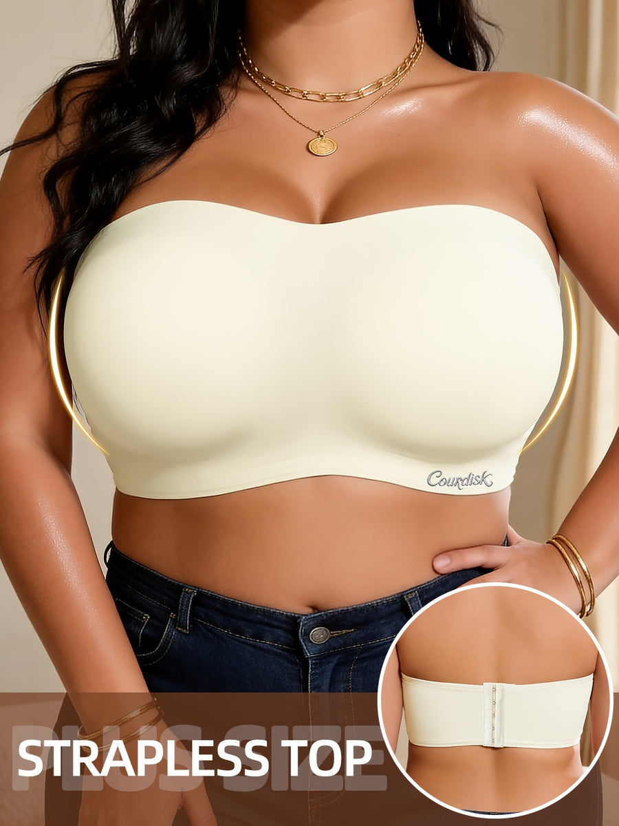 1pc Plus Size Anti-Slip Bandeau Bra Without Straps, Built-In Silicone Anti-Slip Strip Prevents Slipping, Adjustable Back with Multiple Hooks, Seamless And Wire-Free Gathering Support, Suitable for Wedding Cami Dresses - White