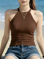 Women's Halter Neck Camisole, a Backless Top for Layering or Wearing Alone - Coffee Brown