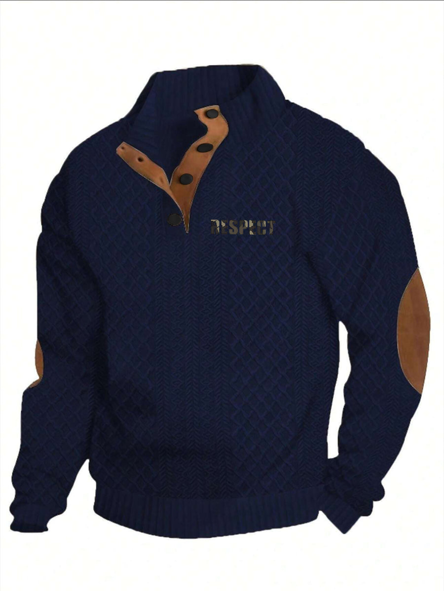Men'S New Jacquard Top Features a Textured Classic Stand-Up Collar That Enhances The Neck Line, with a Half-Button Placket That Continues The Vintage Henley Shirt Style, Complemented by Patchwork, Making It a Fashionable Knitwear - Navy Color