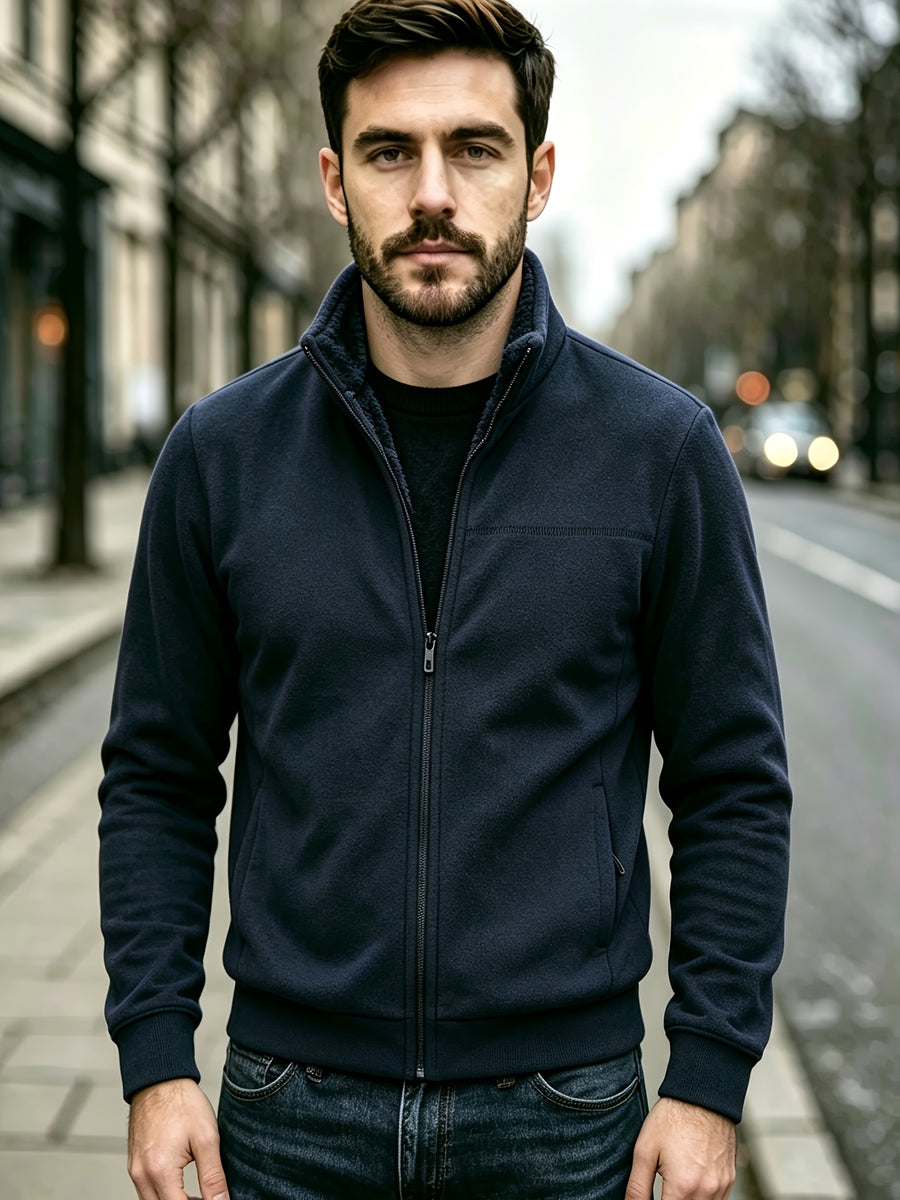 Men's Stand Collar Zip-Up Cardigan Jacket, Autumn/Winter Casual Thickened Warm Jacket - 20137-8608 Navy Blue
